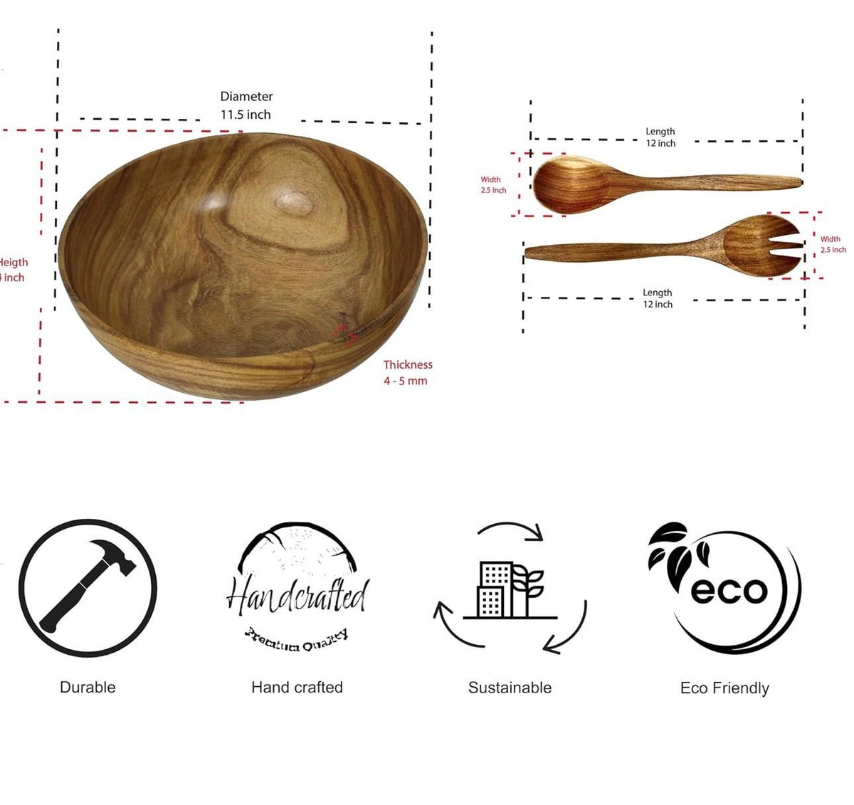 Solid Acacia Wood Salad Bowl Set